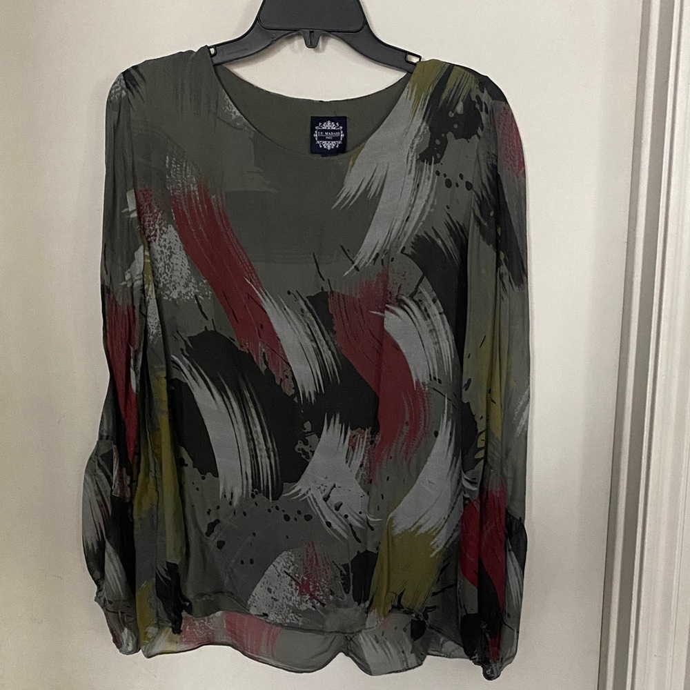 Women's Olive Green Abstract Brushstroke Long-Sleeve Blouse